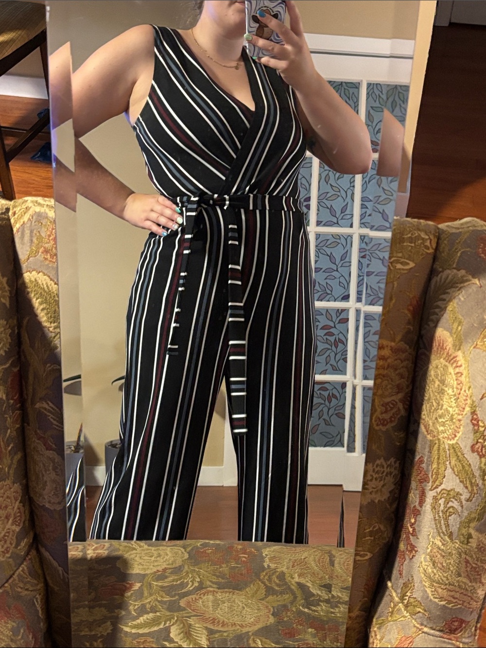 Eclipse Striped V-Neck Jumpsuit in Black, White and Mauve